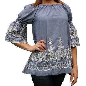 Country Living Embroidered Elastic Neck Chambray Tunic Top 2X Blue Cream